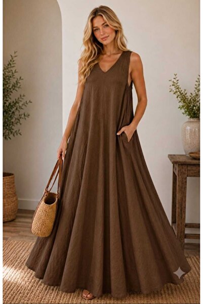 espoire butik kadın italyan keten süper kloş kolsuz elbise 42 44 46 48 bedenl...