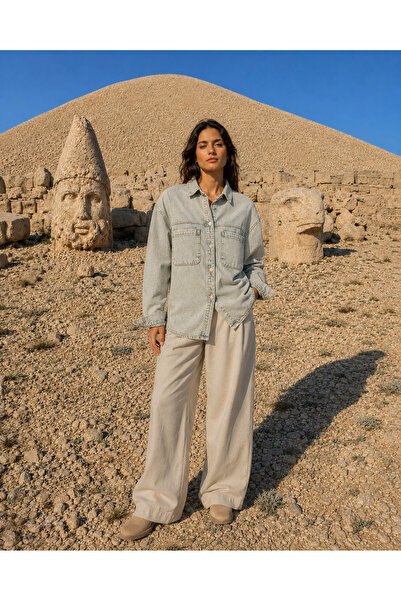 Safari Kadın Oversize Kot Gömlek Çift Cepli Bölmeli Denim Gömlek Uzun Kollu