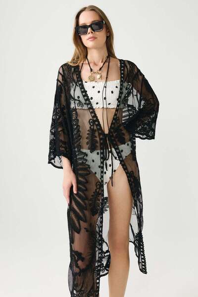 C&City Front-Tie Long Beach Dress with Embroidery Detail Black