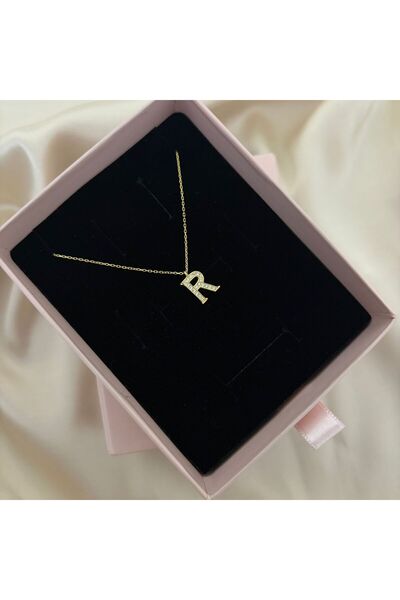 Lovera Jewellery 925 Ayar Gümüş Sertifikalı 14K Gold Renk R Harfli Harf Kolye