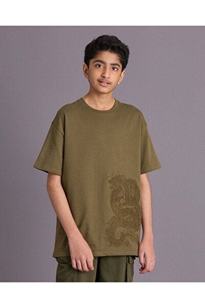 REDTAG Senior Boys Olive Dragon Embroidery Over Size T-Shirt