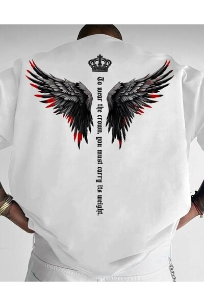 LELVANİ Men's Crown Printed Winged Bird Detail Crewneck T-Shirt
