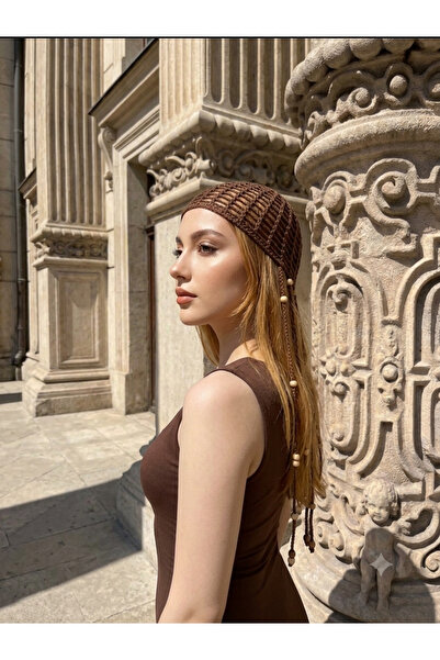HÜMANATURAL Brown Women's Hand Knitted Beaded Head Accessory Bohemian Bandana...
