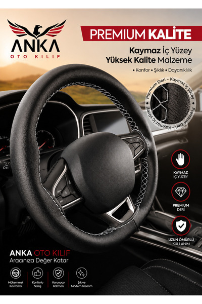 Anka DİREKSİYON KILIFI - DÜZ DERİ - BEYAZ DİKİŞ DİKMELİ Direksiyon kılıf