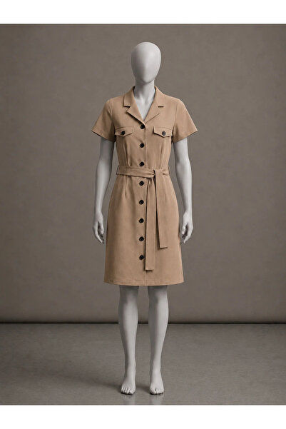PENGORA Women's Belted Buttoned Short Sleeve Comfortable Fit Casual Dress