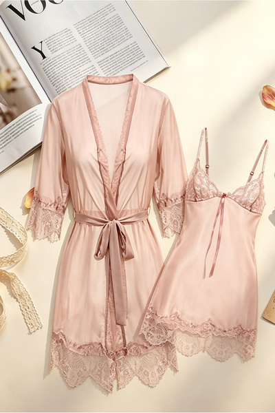 Generic Blush Pink Sheer Mesh Lace 2 Piece Lingerie Robe Set, V-Neck Half Sle...