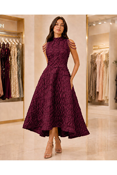BROOKLYN STYLE Luxury Fuchsia A-Line High Neck Evening Dress