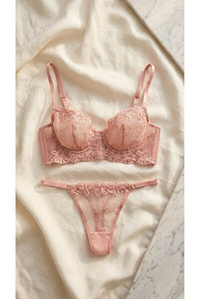 mantis Kadın Pembe Simli Çift Astarlı Bralet Takım