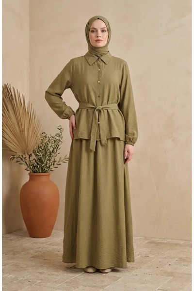 sefamerve Shirt Collar Buttoned Belted Hijab Double Suit 0330-03 Khaki