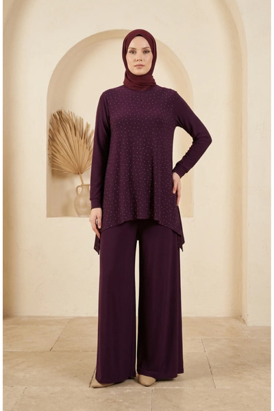 sefamerve Sandy Fabric Blouse Pants Hijab Double Set 5632-03 Plum