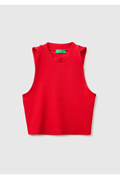 United Colors of Benetton Γυναικείο κόκκινο βαμβακερό μπλουζάκι με λαιμόκοψη ...