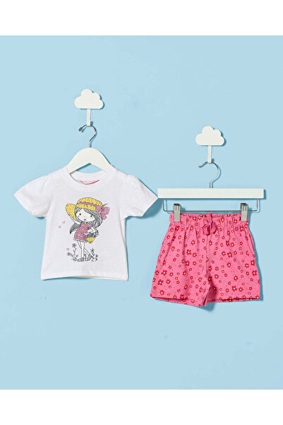 REDTAG Infant Girls White T-shirt & Pink Shorts Casual Set