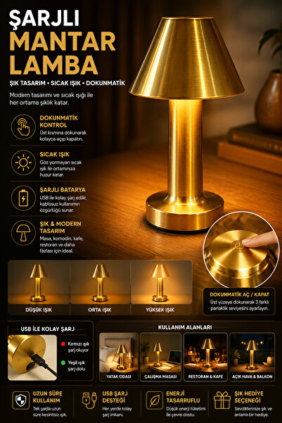 Northern Star Mantar Masa Lambası Gold Şarjlı Dokunmatik 3 Renk Ayarlanabilir