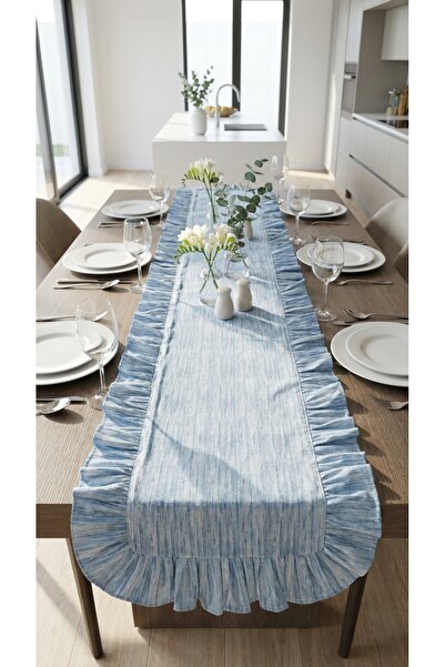 kesenegore 100% Cotton Glitter Fabric Blue Patterned Ruffle Runner 40X150