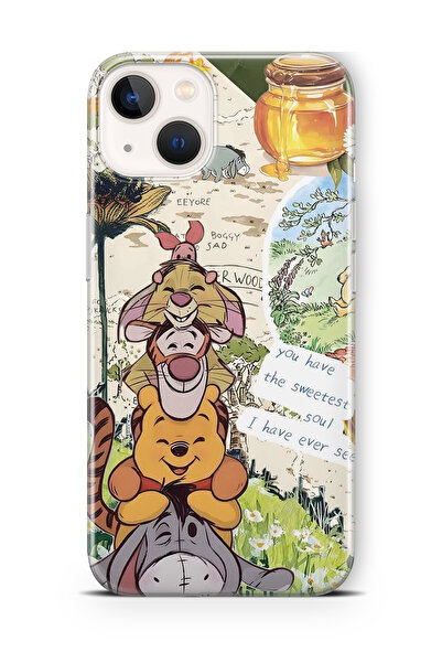 FLAMENKO iPhone 14 Uyumlu Vintage Winnie Pooh Kolaj Desenli Şeffaf Telefon Kı...