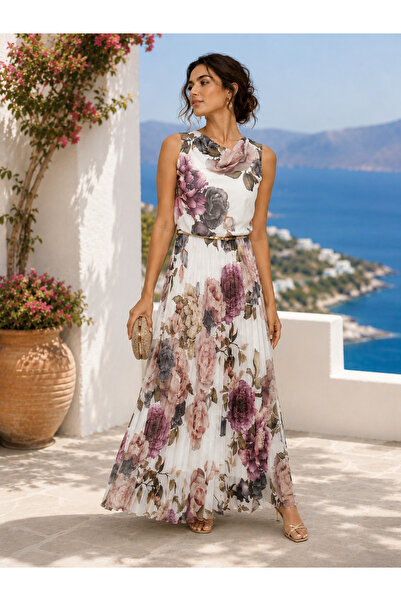 ARİF AKKAYA Elegant Floral Patterned Pleated Long Dress-Gold Belted
