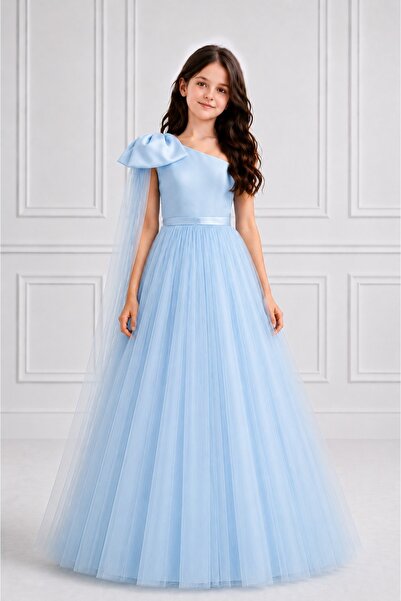 MadyaButik Girl's Blue One-Shoulder Bow Detail Puffy Tulle Princess Dress