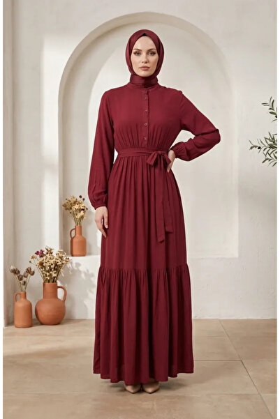 sefamerve Hakim Collar Elastic Waist Hijab Dress 0326-02 Claret Red