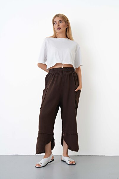 THE VOLER 100% Cotton Muslin Shalwar Trousers Women's High Waist Oversize Rel...