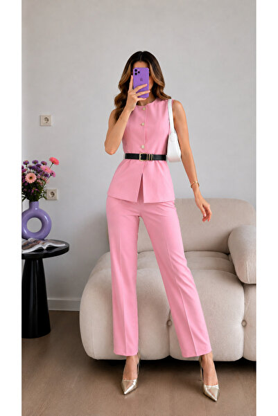 Ekim Store Set vestă, pantaloni și blazer cu centură și accesorii metalice