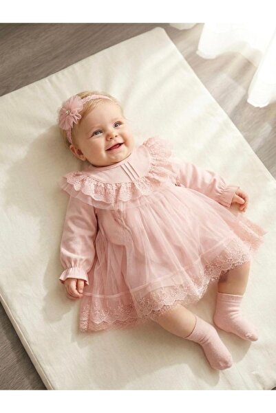 Miniday Baby Baby Girl Mevlütlük Dress with Bandana and Lace, Newborn Hospita...