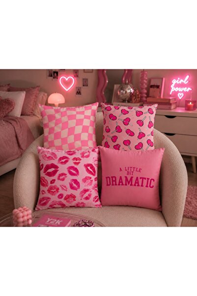 Piloji 4'lü Y2K Pembe Dekoratif Kırlent Kılıfı Seti 43x43 Girl Power Genç Kız...