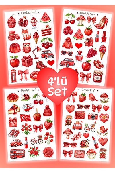 Handeto Kraft 4'lü Kırmızı Temalı Sticker Set, Çıkartma, Scrapbook, Bullet Jo...