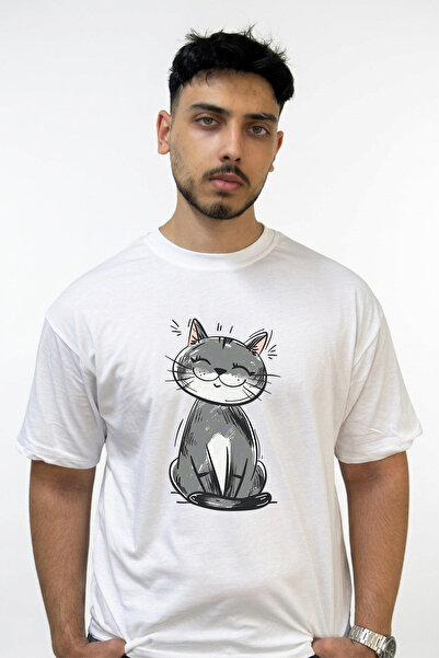 Anetos Cartoon Cat Design Printed Oversize White T-Shirt