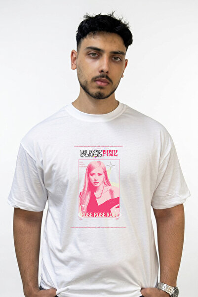 Anetos Μπλουζάκι Λευκό Oversize με Σχέδιο Rose Blackpink_3 και Στάμπα