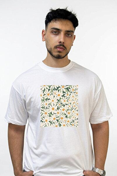 Anetos Daisy Pattern Design Printed Oversize White T-Shirt