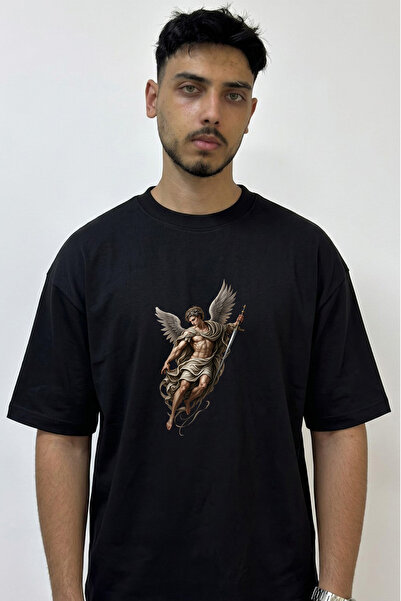 Anetos Archangel Sword Design Printed Oversize Black T-Shirt