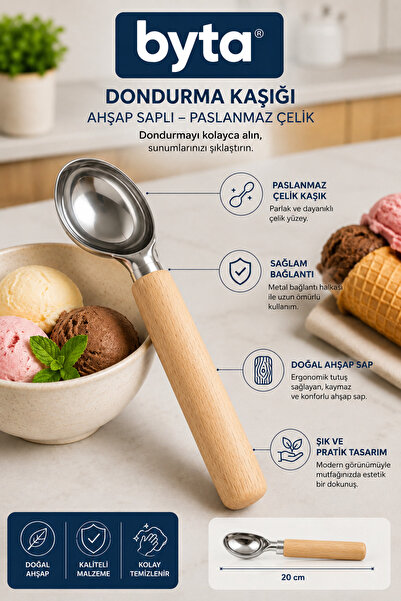 BYTA Stainless Steel Ice Cream Spoon with Bamboo Handle High Quality Steel