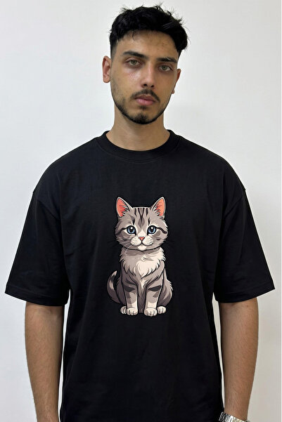 Anetos Anime Kedi_2 Design Printed Oversize Black T-Shirt