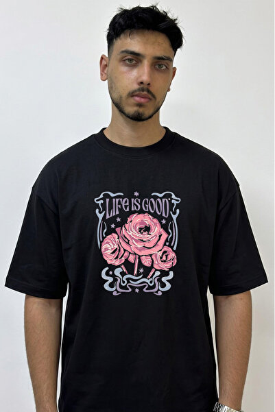 Anetos Pink Gul_1 Design Printed Oversize Black T-Shirt