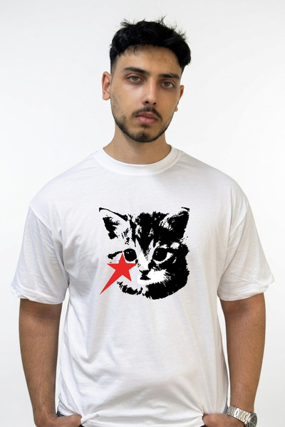 Anetos Kitten Red Star Design Printed Oversize White T-Shirt
