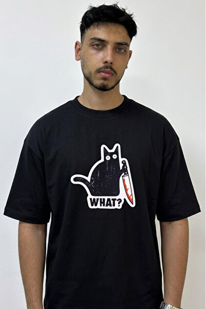 Anetos What Cat Design Printed Oversize Black T-Shirt