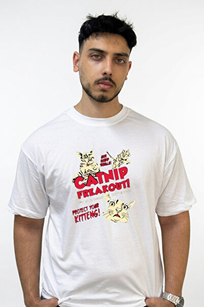 Anetos Catnip Freakout Design Printed Oversize White T-Shirt
