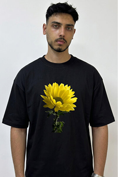 Anetos Sari Chrysanthemum Design Printed Oversize Black T-Shirt