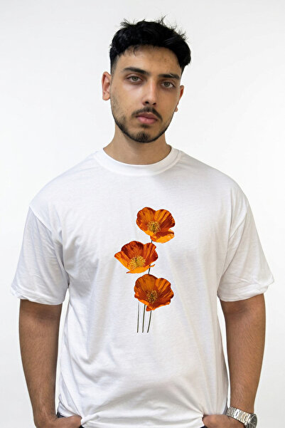 Anetos Orange Hasehas Design Printed Oversize White T-Shirt