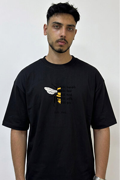 Anetos Bee Quote Design Printed Oversize Black T-Shirt
