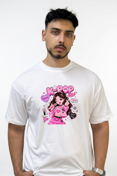 Anetos K Pop Idol Design Printed Oversize White T-Shirt