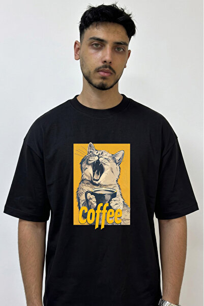 Anetos Yawning Cat Coffee Design Printed Oversize Black T-Shirt