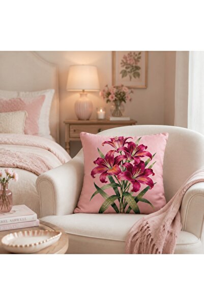 Piloji Pembe Zambak Desenli Dekoratif Kırlent Kılıfı 43x43 Çiçekli Salon Kolt...