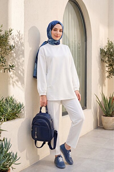 Modamorfo Long Back-Cut Crew Neck Top with Elasticated Sleeves and Trousers S...