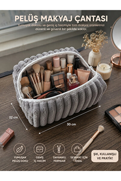 Moonra Home Peluş ve Şık Fermuarlı Çok Amaçlı Makyaj Çantası ve Organizer - 3...