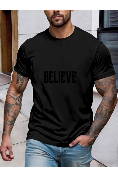 NOURAM Men's TShirt Inspirational Believe Word Art Pattern Pure Cotton Premiu...