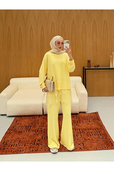 Kadın ekru dantelli ikili oversize sweat bol paça pantalon