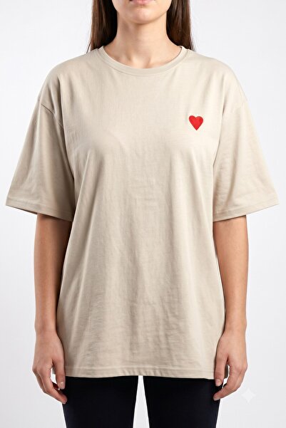 hadiora Women's Beige Heart Embroidered Cotton T-Shirt