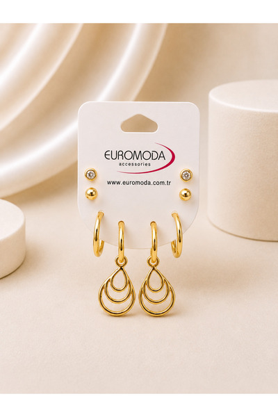 EUROMODA Damla Detaylı Gold Renk 4'lü Küpe Seti