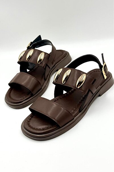 DefHeel'e Comfortable Daily Women's Sandals with Metal Accessory Detail Bitte...